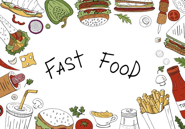 矢量快餐背景，顶视图白色背景与空间的文本。手绘快餐收藏图片下载