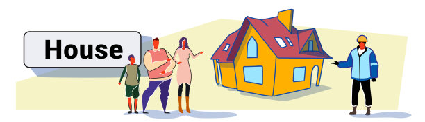 家庭称为修理工房子装修概念新家园建筑外观男女卡通人物全长彩色素描流风格横图片下载