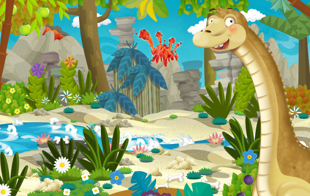 以河流附近丛林中的梁龙和火山为背景的卡通场景图片下载