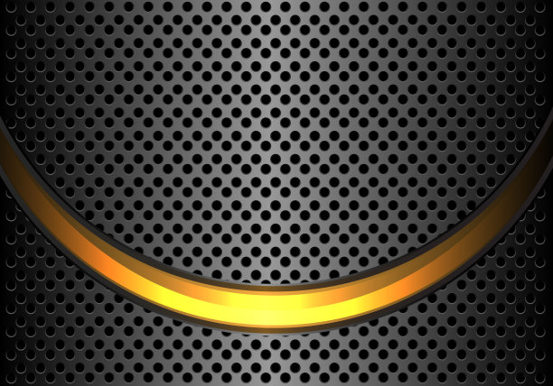 抽象的金色光曲线上深灰色金属圈网格设计现代豪华未来的背景矢量插图。图片下载