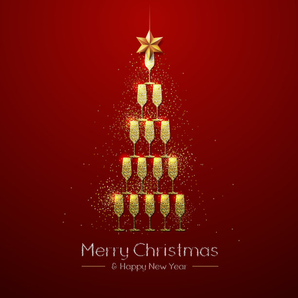 有金色香槟酒瓶的圣诞海报。红色背景上的金色圣诞树图片下载