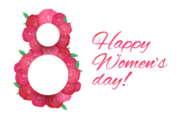 水平贺卡3月8日-妇女节粉红玫瑰花在白色的背景。8号是花做的。向量的卡片图片下载