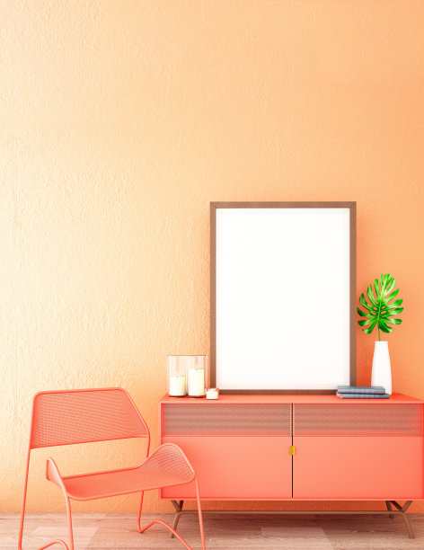 室内设计，现代生活区，木地板上的橱柜和珊瑚色墙壁背景，3d插图，3d渲染图片下载