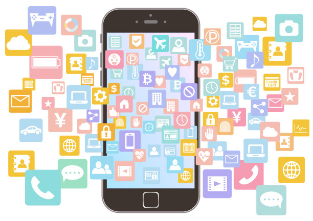 白色边框智能手机和各种应用程序图标矢量白色背景彩色渐变屏幕图片下载