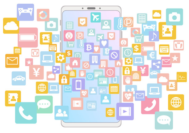 白框智能手机和各种应用程序图标矢量白色背景-彩色渐变屏幕图片下载