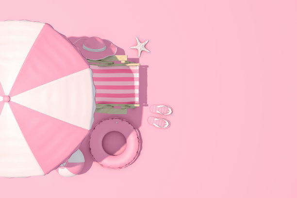 顶视图的海滩伞和椅子在粉红色的背景，最小的夏季概念图片下载