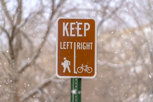 靠左靠右的标志靠在树和雪上图片下载