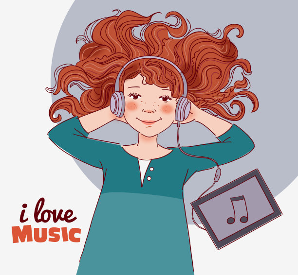 可爱的女孩戴着耳机听音乐图片下载