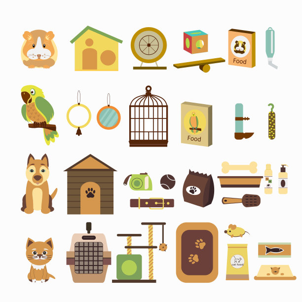 设置图标鹦鹉，狗，猫，仓鼠和商品的宠物。图片下载