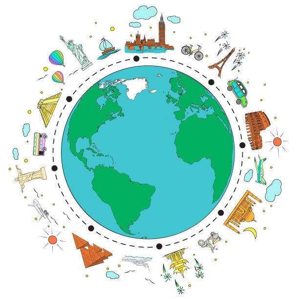 旅行彩色素描。地球上有景点和旅行运输。旅行社矢量插图。图片下载