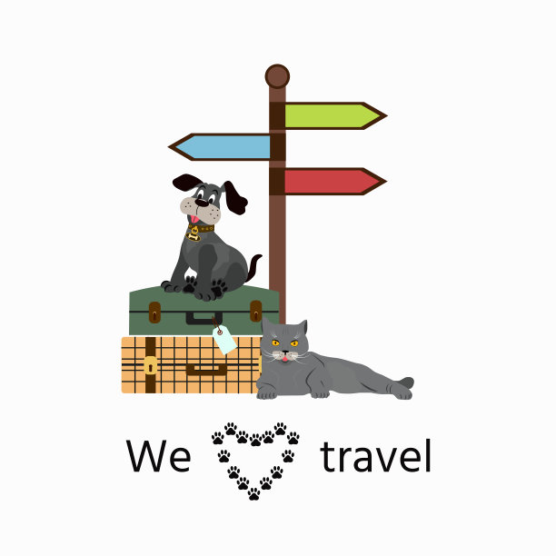可爱的狗和猫与箭头站位置旅行和文本“我们爱旅行”。图片下载