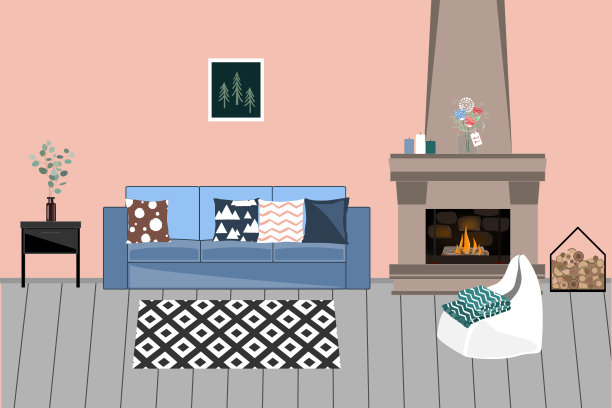 矢量室内在斯堪的纳维亚风格。客厅与壁炉，舒适明亮的沙发与枕头，椅子，和花图片下载