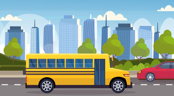 黄色校车行驶沥青路城市城市交通概念城市景观背景平坦水平图片下载