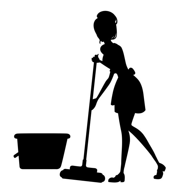 黑色的轮廓。美丽的女仆在经典的法国服装。卡通人物设计。棕色短发的女人。女服务员用拖把擦地板。平面矢量插图在白色背景图片下载