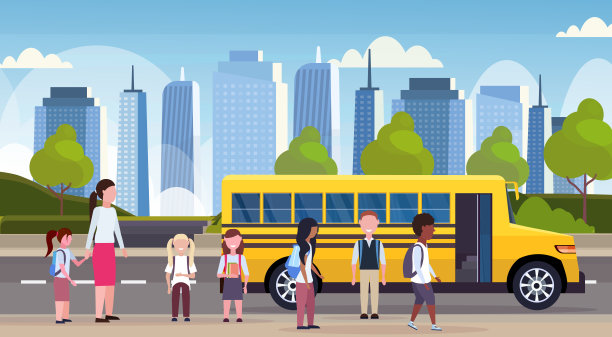 一组混合种族的儿童在黄色巴士中行走小学生交通概念城市景观背景平坦水平全长图片下载