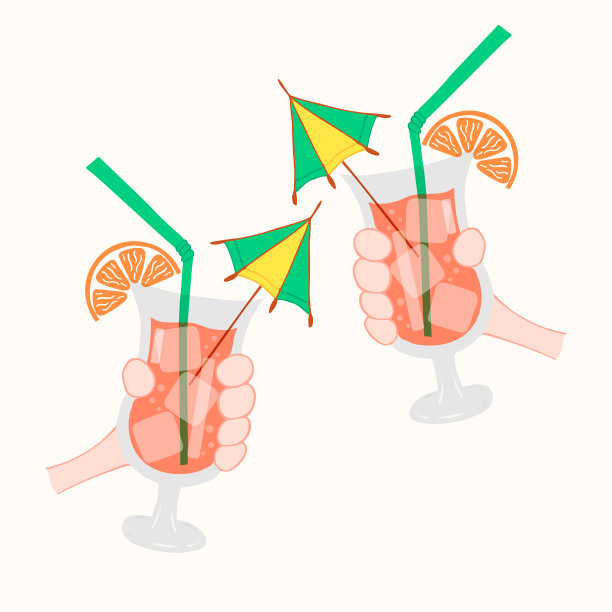双手敲击鸡尾酒杯，杯中有新鲜的水果酒精饮料，冰和伞。夏季派对时间矢量插图。图片下载