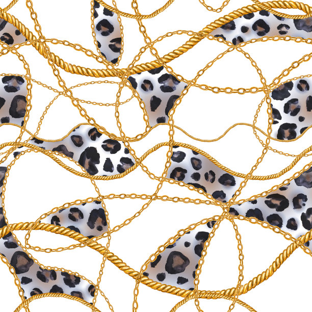 金色链子魅力豹猎豹无缝图案插图。水彩纹理与金色链。图片下载