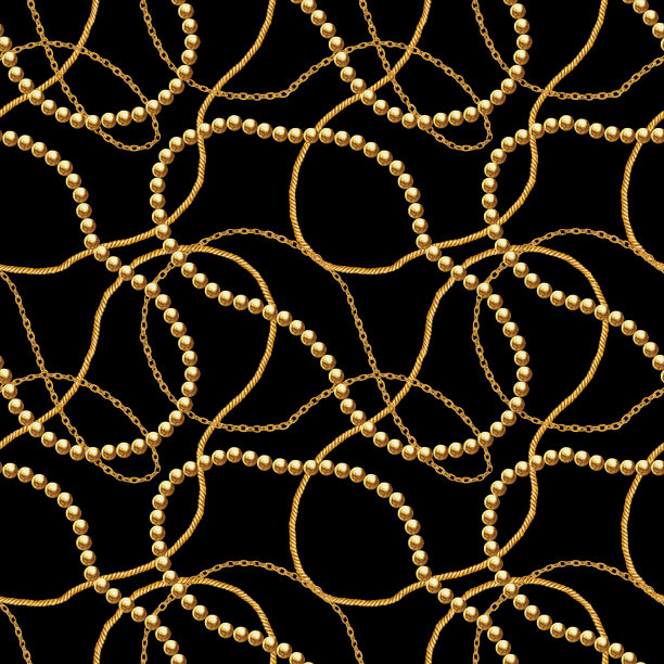 金色链条魅力无缝图案插画。水彩纹理与金色链。图片下载