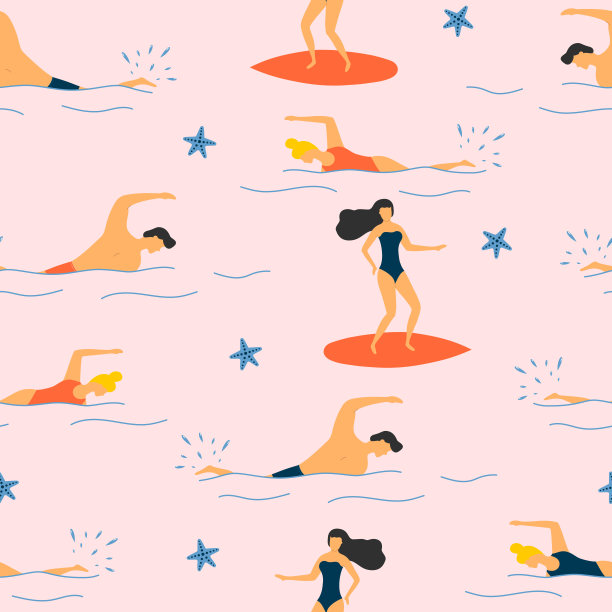 夏天人们穿着比基尼游泳、冲浪和潜水，在海上无缝模式。水上运动矢量插图。图片下载