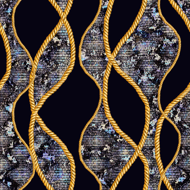 金链魅力蛇皮无缝图案插图。水彩纹理与金色链。图片下载