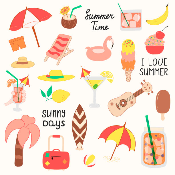 一套可爱的夏季物品。水果，鸡尾酒，棕榈，火烈鸟，夏威夷吉他。海滩派对矢量元素。图片下载