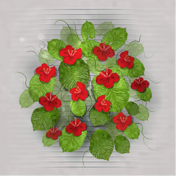 热带的花朵和叶子被孤立在一个明亮的背景上。真实的红色构成3d风格。矢量图形图片下载