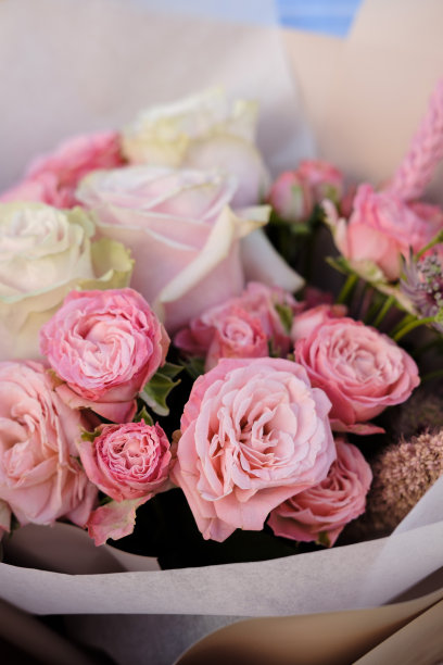 一束白色和粉红色的玫瑰。关闭了。副本的空间。婚礼，母亲节和情人节的概念图片下载