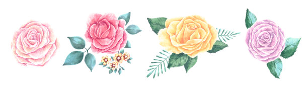 一套美丽的花束花红色，粉红色和温柔的桃花盛开的玫瑰与树叶和蓓蕾。花卉设计婚礼元素枝绿叶。矢量插图在水彩素材图片