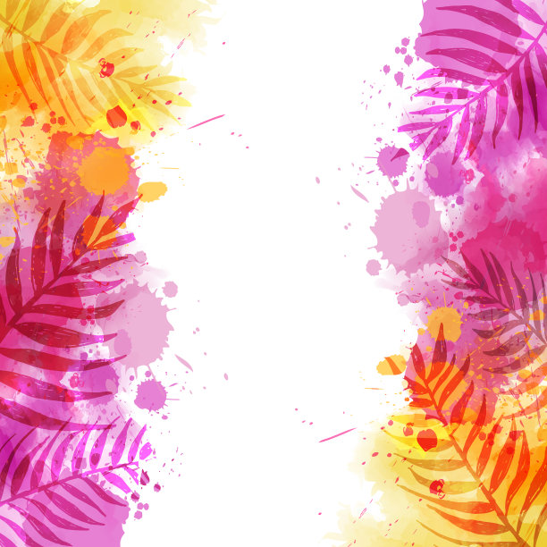 抽象背景与水彩飞溅和棕榈叶图片下载