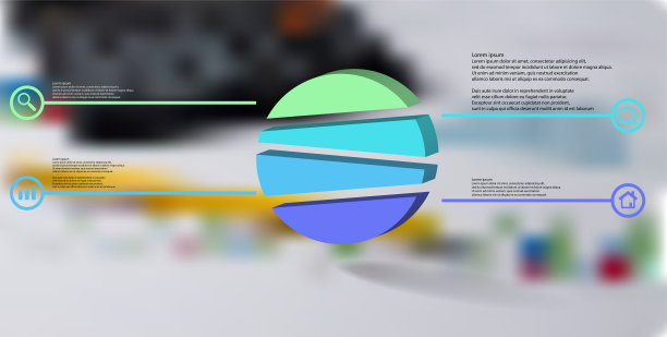 3D插图信息图模板。压花的圆圈被随机分为四个颜色部分。物体被安排在模糊的照片背景上。颜色线与简单的标志在圆圈的两侧。图片下载
