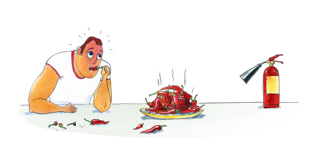 开水和哭泣的人吃辣椒。图片下载