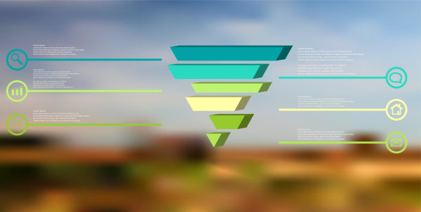 3D插图信息图模板。浮雕三角形分为六个颜色移位部分。物体被安排在模糊的照片背景上。颜色线与简单的标志在圆圈的两侧。图片下载