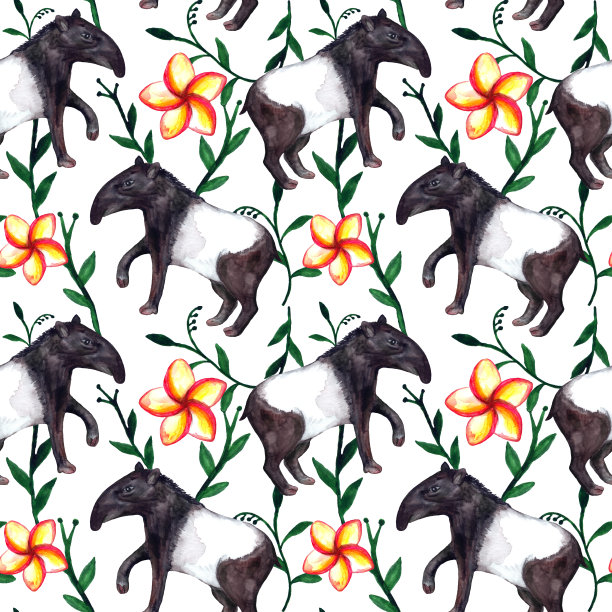 无缝的水彩模式。可爱的超现实亚洲热带水彩动物貘和花在白色的背景图片下载
