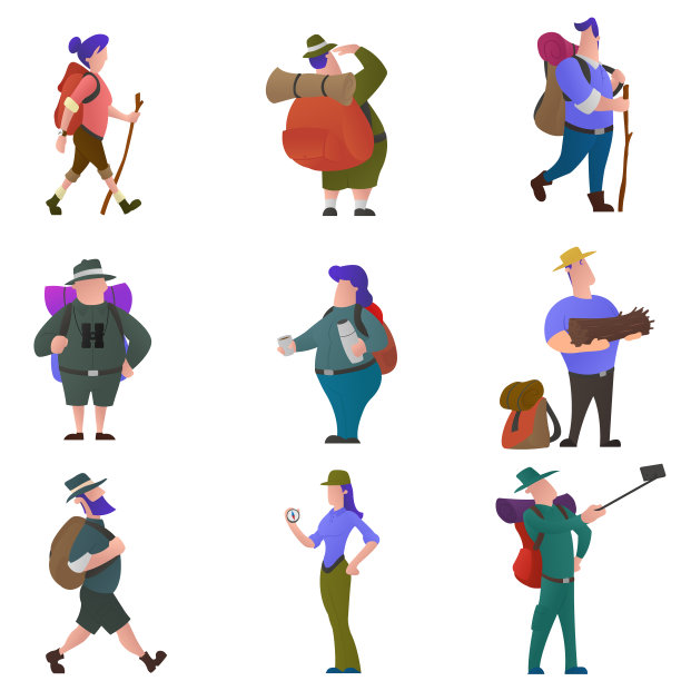 游客人物为徒步旅行和徒步旅行，假日旅游矢量概念。图片下载