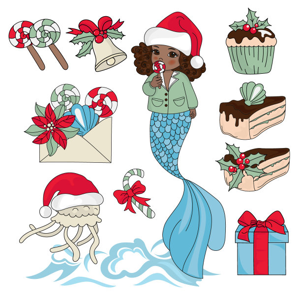 黑色美人鱼假日卡通新年矢量插图集图片下载