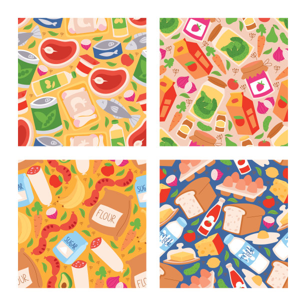 食物载体无缝模式膳食蔬菜水果和鱼香肠从超市或杂货店插图背景设置糕点和牛奶或海鲜产品背景图片下载