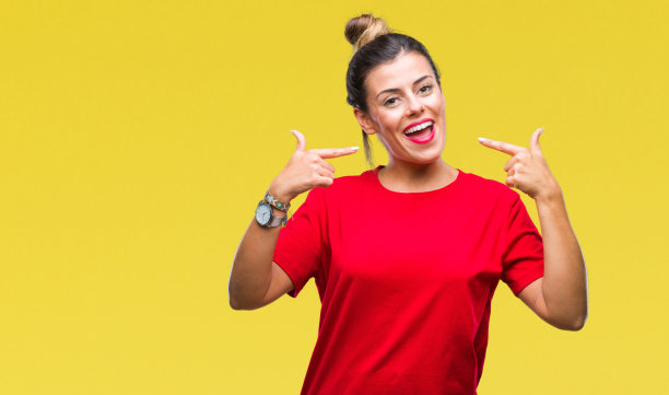 年轻美丽的女人在孤立的背景微笑自信的显示和指向手指，牙齿和嘴。健康的概念。图片下载