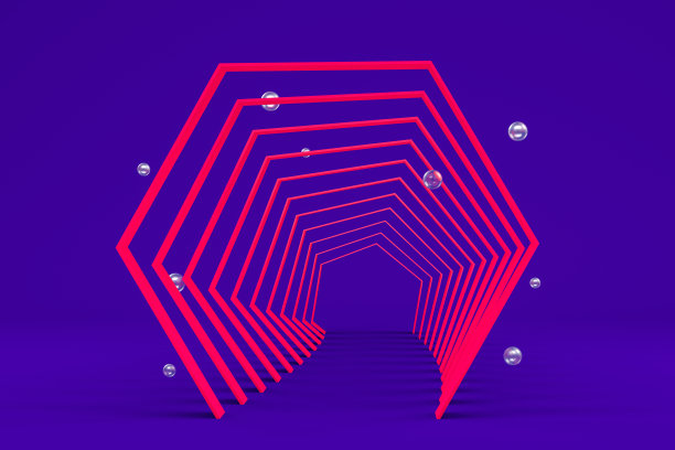 采购产品三维几何形状抽象最小背景，隧道，走廊，讲台，霓虹灯图片下载