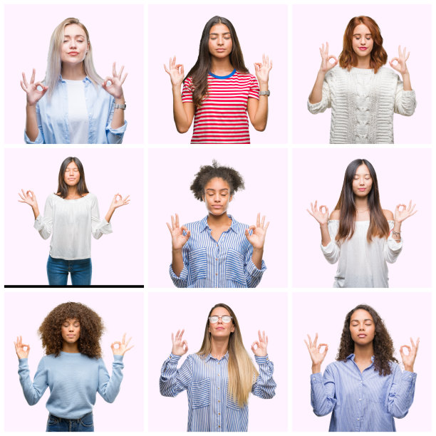 年轻女性在粉红色孤立的背景放松和微笑，闭上眼睛做冥想手势与手指。瑜伽的概念。图片下载