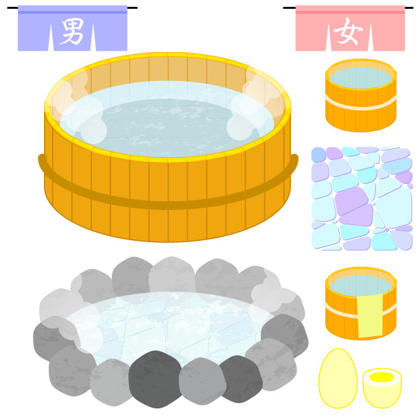 温泉·公共浴池插图套装。日本的三种版本。图片下载