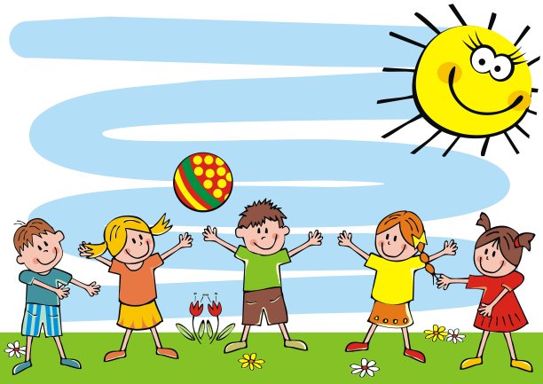 快乐的孩子和球在草地和有趣的太阳图片下载