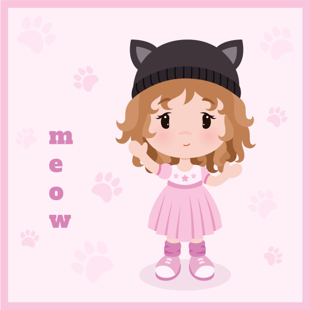 矢量背景，可爱的小女婴在裙子，帽子与猫耳朵。图片下载
