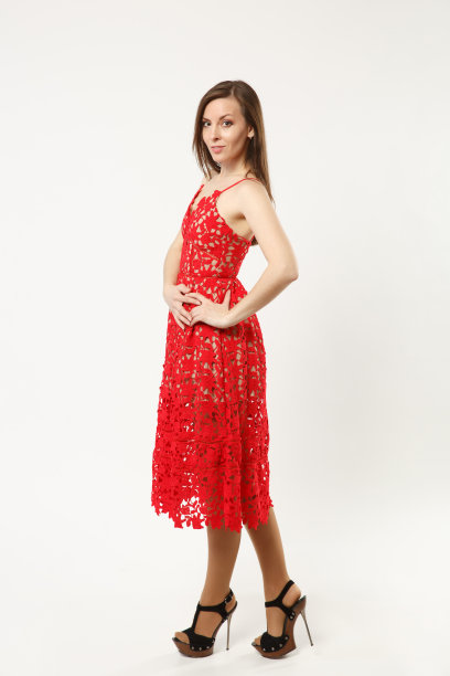 全身照片时装模特女人穿着优雅的晚礼服红色礼服摆姿势孤立在白墙背景的工作室肖像。黑发长发的女孩。模拟拷贝空间。侧剖面视图。图片下载