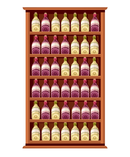 酒的木架子上。红色和白色的酒瓶。用于酒吧、咖啡馆和酒窖的酒架。平面矢量插图孤立在白色背景。图片下载