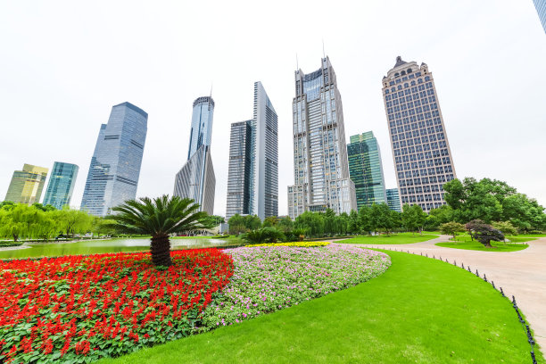 花园里的小草后面是一幢幢高楼大厦。图片下载