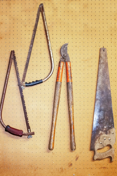 住宅车库中挂在钉板上的生锈的旧工具，包括锯子和断肢切割器图片下载