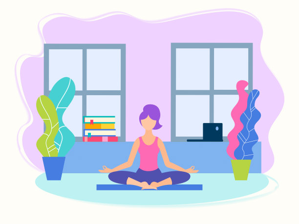 女孩在学习和工作之间在家里做莲花姿势瑜伽图片下载