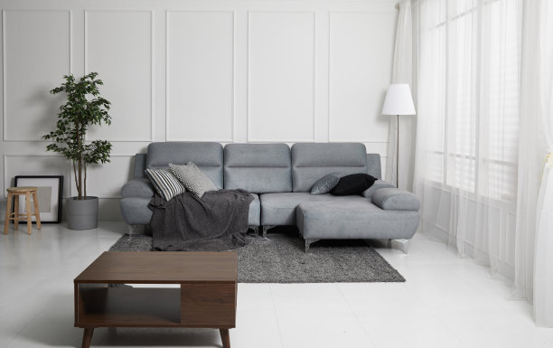 斯堪的纳维亚风格的客厅配有布质沙发、沙发桌。早晨的图像与植物。沙发上的桌子在耳架上。图片下载