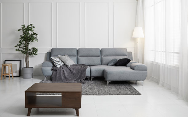 斯堪的纳维亚风格的客厅配有布质沙发、沙发桌。早晨的图像与植物。沙发上的桌子在耳架上。图片下载