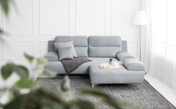 斯堪的纳维亚风格的客厅配有布质沙发、沙发桌。早晨的图像与植物。沙发上的桌子在耳架上。图片下载